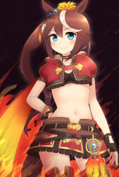 Rule 34 | 1girl, animal ears, blush, breasts, brown hair, closed mouth, cowboy shot, ear ornament, fingerless gloves, gloves, hair between eyes, hand on own hip, highres, horse ears, horse girl, horse tail, jacket, long hair, looking at viewer, midriff, multicolored hair, navel, official alternate costume, ponytail, red jacket, simoyuki, small breasts, smile, solo, streaked hair, tail, tokai teio (beyond the horizon) (umamusume), tokai teio (umamusume), umamusume, white hair