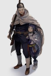 Rule 34 | 10s, 1boy, 1girl, ainu, ainu clothes, asirpa, bad id, bad pixiv id, bandana, belt, black eyes, black hair, blue eyes, boots, cape, cloak, earrings, facial scar, fingerless gloves, full body, fur boots, fur cape, gloves, golden kamuy, grey background, gun, height difference, hoop earrings, jewelry, long hair, long sleeves, looking at another, looking down, looking up, military, military uniform, ogata hyakunosuke, over shoulder, pants, rifle, scabbard, scar, scar on cheek, scar on face, shared cape, shared clothes, sheath, short hair, simple background, sumi tooru, uniform, weapon, weapon over shoulder