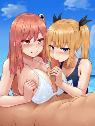Rule 34 | 1boy, 2girls, abs, bare shoulders, bell, between breasts, bikini, black ribbon, blonde hair, blue eyes, blue sky, blue one-piece swimsuit, blush, breasts squeezed together, breasts, censored, cleavage, closed mouth, cloud, collarbone, day, dead or alive, erection, fellatio, ffm threesome, group sex, hair bell, hair ornament, hair ribbon, handjob, hetero, highres, honoka (doa), horizon, jingle bell, large breasts, long hair, looking at viewer, lying, marie rose, mosaic censoring, multiple girls, nude, ocean, on back, one-piece swimsuit, oral, orange hair, outdoors, paizuri, paizuri under clothes, penis, pink hair, precum, raseruta, red eyes, ribbon, sex, sky, small breasts, smile, swimsuit, teamwork, threesome, twintails, water, white bikini