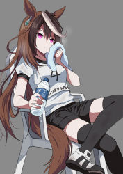 Rule 34 | 1girl, animal ears, black hair, black shorts, black thighhighs, bottle, breasts, brown hair, closed mouth, crossed legs, feet out of frame, gym shirt, hair between eyes, highres, holding, holding bottle, holding towel, horse ears, horse girl, horse tail, looking away, mauve, medium breasts, multicolored hair, puffy short sleeves, puffy sleeves, purple eyes, shirt, shoes, short shorts, short sleeves, shorts, sitting, solo, streaked hair, symboli rudolf (umamusume), tail, thighhighs, towel, two-tone hair, umamusume, water bottle, white footwear, white hair, white shirt