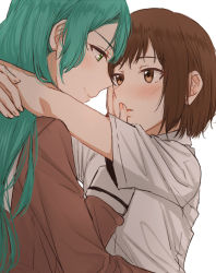Rule 34 | 2girls, arms around neck, bang dream!, blush, brown eyes, brown hair, captainkuma, face-to-face, green eyes, green hair, hand on another&#039;s face, hazawa tsugumi, highres, hikawa sayo, long hair, long sleeves, looking at another, multiple girls, parted lips, short hair, short sleeves, smile, upper body, white background, yuri