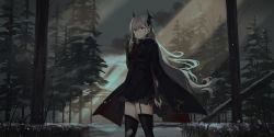Rule 34 | 1girl, black cape, black dress, black thighhighs, bridal gauntlets, cape, character request, chihuri, closed mouth, cloud, cloudy sky, commentary request, dress, forest, garter straps, grey hair, hair between eyes, hand up, highres, horns, long hair, moonlight, nature, night, night sky, o-ring, outdoors, pixiv fantasia, pixiv fantasia last saga, red eyes, sky, snow, solo, standing, thighhighs, torn clothes, torn thighhighs, tree, very long hair