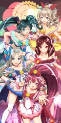 Rule 34 | 5girls, absurdres, adapted costume, alternate costume, alternate hairstyle, anchor, asakaze (kancolle), bare shoulders, blonde hair, blue background, blue bow, blue choker, blue eyes, blue skirt, blush, boots, bow, breasts, brown hair, choker, cleavage, cosplay, crop top, cure blossom, cure blossom (cosplay), cure marine, cure marine (cosplay), cure sunshine, dated, dress, drill hair, floral background, forehead, full body, gift, gradient background, green background, green skirt, hair between eyes, hair bow, hair ornament, hair ribbon, harukaze (kancolle), hat, hatakaze (kancolle), heartcatch precure!, high heel boots, high heels, high ponytail, highres, kamikaze (kancolle), kantai collection, kneehighs, light brown hair, long hair, magical girl, matsukaze (kancolle), mini hat, moke ro, multiple girls, oil-paper umbrella, open mouth, outstretched arm, pink background, pink choker, pink dress, ponytail, precure, purple bow, purple eyes, purple footwear, purple hair, red bow, red dress, red eyes, red ribbon, ribbon, shiny tambourine (heartcatch precure!), short sleeves, skirt, smile, socks, thigh boots, thighhighs, tilted headwear, twin drills, twintails, twitter username, two-tone dress, umbrella, very long hair, white dress, white legwear, yellow background