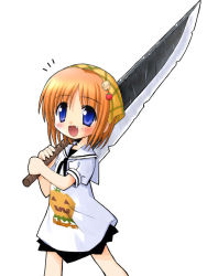 Rule 34 | 1girl, :d, blue eyes, fang, flower, lily of the valley, open mouth, orange hair, sailor, short hair, smile, solo, suigetsu, suka, sword, third-party edit, waha, weapon, yamato suzuran