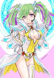 Rule 34 | 1girl, breasts, cleavage, fuuto tantei, green hair, highres, large breasts, purple eyes, solo, twintails