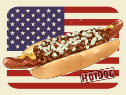 Rule 34 | american flag, bread, bread bun, cheese, chili con carne, chili dog, english text, flag, food, food focus, hot dog, le delicatessen, meat, mustard, no humans, onion, original, sausage, simple background, sparkle, still life, white background