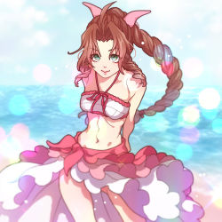 Rule 34 | 1990s (style), 1girl, aerith gainsborough, beach, brown hair, costa del sol, female focus, final fantasy, final fantasy airborne brigade, final fantasy vii, green eyes, koko-1109, looking at viewer, lowres, midriff, navel, ocean, official alternate costume, retro artstyle, smile, solo, thighs, water