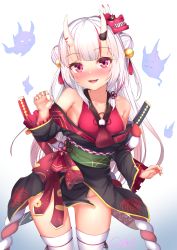 Rule 34 | 1girl, :d, artist name, bare shoulders, bell, black kimono, blue background, blush, breasts, collarbone, commentary request, double bun, frilled sleeves, frills, ghost, gmkj, gradient background, groin, hair bell, hair bun, hair ornament, hand up, highres, hololive, horns, japanese clothes, jingle bell, katana, kimono, long hair, long sleeves, mask, mask on head, multicolored hair, nail polish, nakiri ayame, nakiri ayame (1st costume), no panties, nose blush, obi, off shoulder, oni, oni mask, open mouth, red eyes, red hair, red nails, ribbon trim, sash, sheath, sheathed, signature, skin-covered horns, small breasts, smile, solo, streaked hair, sword, thighhighs, very long hair, virtual youtuber, weapon, white background, white hair, white thighhighs, wide sleeves