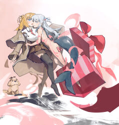 Rule 34 | 2girls, black thighhighs, blonde hair, blue eyes, blue hair, blue tail, blunt bangs, bob cut, bow, box, breasts, brown capelet, brown coat, brown skirt, bubba (watson amelia), capelet, chunkyeggy, clothed female nude female, coat, collared shirt, commentary, deerstalker, detective, dog, english commentary, fins, fish tail, full body, gawr gura, gift, gift box, grey hair, grin, hair ornament, hat, high-waist skirt, highres, hololive, hololive english, large breasts, long hair, medium hair, miniskirt, multicolored hair, multiple girls, naked ribbon, necktie, no shoes, nude, open clothes, open coat, open mouth, parted lips, pink bow, pink ribbon, plaid, plaid skirt, red bow, red necktie, ribbon, shark girl, shark hair ornament, shark tail, shirt, short necktie, skirt, small breasts, smile, streaked hair, tail, thighhighs, two side up, virtual youtuber, watson amelia, white shirt, yuri