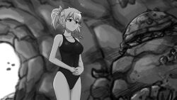 Rule 34 | 1girl, absurdres, air bubble, artist name, blurry, blurry background, bow, breasts, bubble, cave interior, collarbone, commentary, english commentary, expressionless, greyscale, hair bow, highres, jewelry, medium breasts, monochrome, necklace, one-piece swimsuit, original, rock, saver (artbysaver), swimsuit, thighs, twintails, underwater