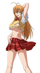 Rule 34 | 00s, 1girl, blonde hair, bow, breasts, female focus, green eyes, ikkitousen, large breasts, long hair, official art, school uniform, simple background, skirt, smile, solo, sonsaku hakufu, standing, torn clothes, white background