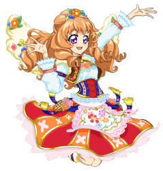 Rule 34 | 10s, 1girl, :d, aikatsu!, aikatsu! (series), armlet, arms up, blouse, blush, brown hair, corset, cross-laced clothes, dress, eyelashes, full body, hair ornament, happy, himesato maria, long hair, long sleeves, looking at viewer, open mouth, outstretched arms, puffy long sleeves, puffy sleeves, purple eyes, red skirt, shirt, simple background, sinko (sinsin), skirt, smile, solo, tareme, white background
