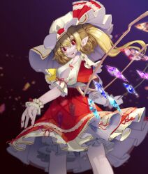 Rule 34 | 1girl, absurdres, ascot, blonde hair, bloomers, collared shirt, crystal, flandre scarlet, frilled ascot, frilled shirt collar, frilled skirt, frills, from behind, from below, gradient background, hat, highres, large hat, long hair, looking at viewer, looking back, mob cap, multicolored wings, nail polish, one side up, pointy ears, puffy short sleeves, puffy sleeves, purple background, red eyes, red nails, red ribbon, red skirt, red vest, ribbon, shirt, short sleeves, skirt, skirt set, sleeve ribbon, solo, sp;p, touhou, underwear, vest, white bloomers, white hat, white shirt, wings, wrist cuffs, yellow ascot, zakozako y