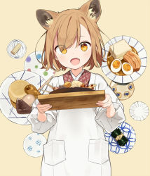 Rule 34 | 1girl, :d, animal ears, brown hair, carrying, coat, dog ears, egg, eyes visible through hair, fang, food, hair over one eye, holding, holding tray, japanese clothes, kebab, kimono, kiya machi, long sleeves, looking at viewer, meat, oden, open mouth, original, oversized clothes, painttool sai, plate, pocket, red kimono, short hair, smile, solo, tofu, tray, upper body, white coat, yellow background, yellow eyes