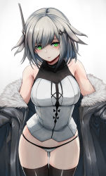 Rule 34 | 1girl, absurdres, arknights, bare shoulders, blouse, breasts, coat, feather hair, fur trim, green eyes, grey hair, greythroat (arknights), highres, infection monitor (arknights), kb-5, medium breasts, off-shoulder coat, off shoulder, panties, shirt, short hair, simple background, sleeveless, sleeveless shirt, solo, thighhighs, thighs, underwear, white background