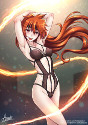 Rule 34 | 1girl, adsouto, arms up, black headband, breasts, earrings, headband, highres, jewelry, lina inverse, lingerie, long hair, navel, open mouth, orange hair, red eyes, slayers, small breasts, solo, standing, teeth, underwear, upper teeth only, very long hair