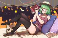Rule 34 | 1girl, absurdres, aircraft, airplane, bare shoulders, black thighhighs, blush, book, breasts, brown-framed eyewear, brown hat, brown shirt, brown shorts, building, closed mouth, clothing cutout, collarbone, commentary, crescent, full body, green hair, hands up, hat, highres, holding, holding book, kosumi, looking at viewer, no shoes, open book, original, pillow, polka dot, red eyes, round eyewear, shirt, short shorts, shorts, shoulder cutout, skyline, skyscraper, small breasts, solo, star (symbol), thighhighs