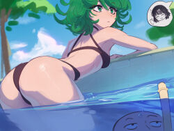 Rule 34 | 1boy, 1girl, absurdres, arm rest, ass, bikini, black bikini, blue sky, breasts, bubble, closed mouth, cloud, curly hair, curvy, daniel deves, day, fubuki (one-punch man), green eyes, green hair, highres, huge ass, looking at another, looking to the side, one-punch man, outdoors, pool, saitama (one-punch man), shiny skin, short hair, sky, small breasts, snorkel, solo focus, spoken character, swimsuit, tatsumaki, thong, thong bikini, tree, water, wet, wide hips