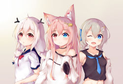 Rule 34 | 3girls, ;d, animal ear fluff, animal ears, bare shoulders, black sailor collar, black shirt, blue bow, blue eyes, blue neckwear, bow, breasts, closed mouth, collarbone, commentary request, crop top, fox ears, gradient background, grey background, grey hair, hair between eyes, hair bow, hand up, heterochromia, highres, long hair, long sleeves, looking at viewer, low twintails, multiple girls, nagato-chan, navel, necktie, off shoulder, one eye closed, open mouth, original, parted lips, pink hair, red bow, red eyes, sailor collar, sharp teeth, shirt, sleeveless, sleeveless shirt, sleeves past fingers, sleeves past wrists, small breasts, smile, teeth, twintails, very long hair, white background, white shirt