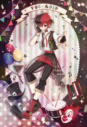 Rule 34 | 1boy, bad id, bad pixiv id, bass clef, card, copyright name, drum, fingerless gloves, fukase, gloves, hat, instrument, male focus, multicolored hair, musical note, original, playing card, quaver, red eyes, red hair, rednian, solo, split-color hair, top hat, treble clef, two-tone hair, vocaloid