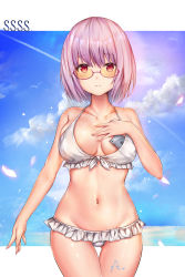 Rule 34 | 10s, 1girl, absurdres, arm at side, bikini, blue sky, blush, breasts, breasts apart, cellphone, closed mouth, cloud, collarbone, commentary request, contrail, cowboy shot, crack, day, frilled bikini, frills, front-tie bikini top, front-tie top, glasses, gluteal fold, gridman universe, groin, hand on own chest, highres, iphone, large breasts, looking at viewer, luminous, navel, object in clothes, object in swimsuit, phone, pink-framed eyewear, purple hair, red eyes, semi-rimless eyewear, shinjou akane, short hair, sky, smartphone, smile, solo, ssss.gridman, standing, swimsuit, thigh gap, under-rim eyewear, white bikini