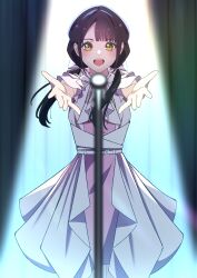 Rule 34 | 1girl, absurdres, animification, black hair, blush, bow, commentary request, cowboy shot, dress, fujiwaland, hair bow, highres, layered dress, link! like! love live!, link to the future (love live!), looking at viewer, love live!, low twintails, medium dress, microphone stand, neck ribbon, nonaka kokona, open mouth, outstretched arms, pink dress, reaching, reaching towards viewer, ribbon, short sleeves, smile, solo, spotlight, straight-on, twintails, voice actor, white bow, white dress, white ribbon, yellow eyes