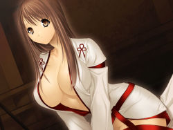 Rule 34 | 1girl, as (artist), breasts, brown eyes, brown hair, cleavage, dutch angle, japanese clothes, kamikaze (as), kimono, large breasts, long hair, miko, mikoto (kamikaze), no bra, no panties, open clothes, open robe, original, robe, solo, tears