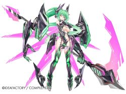 Rule 34 | 10s, 1girl, bare shoulders, black footwear, black gloves, black thighhighs, boots, breasts, cleavage, company name, dark persona, elbow gloves, female focus, floating, full body, gloves, green hair, green heart (chaos form), green heart (neptunia), groin, hair between eyes, hair intakes, half-closed eyes, hand up, headgear, holding, holding weapon, large breasts, legs apart, long hair, looking at viewer, machinery, navel, nepnep connect: chaos chanpuru, neptune (series), official art, parted lips, ponytail, power symbol, power symbol-shaped pupils, purple eyes, revealing clothes, sabaku no tanuki, scythe, shiny skin, simple background, solo, standing, stomach, symbol-shaped pupils, tattoo, thighhighs, underboob, vert (neptunia), very long hair, weapon, white background