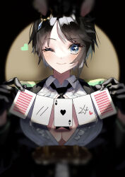 Rule 34 | 1girl, absurdres, ace (playing card), ace of hearts, animal ears, black gloves, black hair, black jacket, black necktie, blue eyes, blurry, breasts, card, cleavage, closed mouth, collared shirt, depth of field, fuji kiseki (umamusume), gloves, hands up, heart, highres, holding, holding card, horse ears, jacket, large breasts, looking at viewer, necktie, playing card, shirt, short hair, smile, solo, spotlight, umamusume, upper body, usami (nibowhite pix), white shirt