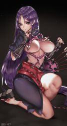 Rule 34 | 1girl, arrow (projectile), breasts, fate/grand order, fate (series), finger to mouth, kneeling, long hair, looking at viewer, medium breasts, minamoto no raikou (fate), purple hair, solo, thick thighs, thighs, very long hair, viola (seed), wide hips