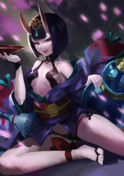 Rule 34 | 1girl, :d, absurdres, alcohol, ankle ribbon, bare shoulders, black hair, bowl, breasts, cherry blossoms, collarbone, cup, fangs, fate/grand order, fate (series), gem, gourd, green ribbon, headpiece, highres, holding, holding bowl, horns, japanese clothes, kimono, leg ribbon, long sleeves, looking at viewer, luobo carrot, motion blur, off shoulder, oni, open mouth, pale skin, petals, pot, print kimono, purple eyes, purple kimono, red ribbon, revealing clothes, ribbon, sakazuki, sake, short eyebrows, short hair, short kimono, shuten douji (fate), sitting, skin-covered horns, small breasts, smile, solo