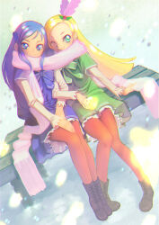 Rule 34 | 2girls, bench, black footwear, blonde hair, blue dress, blue eyes, blue hair, boots, brown pantyhose, closed mouth, commentary, cross-laced footwear, dokidoki! precure, dress, green dress, green eyes, hair ornament, head tilt, hishikawa rikka, in-franchise crossover, jj (ssspulse), kirahoshi ciel, kirakira precure a la mode, layered sleeves, locked arms, long hair, long sleeves, looking at viewer, multiple girls, on bench, one eye closed, pantyhose, precure, scarf, in-franchise crossover, shared clothes, shared scarf, short over long sleeves, short sleeves, side-by-side, sitting, smile, white scarf
