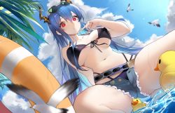 Rule 34 | 1girl, absurdres, arknights, bikini, bird, black bikini, blue hair, blue sky, breasts, ch&#039;en (arknights), ch&#039;en the holungday (arknights), ch&#039;en the holungday (elite ii) (arknights), cloud, commentary request, cutoffs, day, denim, denim shorts, dragon horns, front-tie bikini top, front-tie top, highres, horns, innertube, large breasts, long hair, looking at viewer, micro shorts, navel, open fly, outdoors, parted lips, red eyes, rubber duck, seiza, shorts, sitting, sky, solo, stomach, swim ring, swimsuit, thighs, very long hair, water