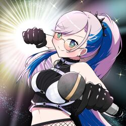 Rule 34 | 1girl, aqua eyes, bare shoulders, black gloves, blue hair, blush, breasts, closed mouth, earrings, glasses, gloves, grey hair, hair ornament, holding, holding microphone, hololive, hololive indonesia, jewelry, long hair, looking at viewer, medium breasts, microphone, multicolored hair, oguma shiro, pavolia reine, pavolia reine (streetwear), ponytail, solo, streaked hair, swept bangs, virtual youtuber