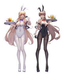 Rule 34 | 2girls, absurdres, alternate costume, animal ears, azur lane, backless leotard, black gloves, black pantyhose, blonde hair, blush, breasts, brown hair, commentary request, covered navel, detached collar, earrings, fake animal ears, gloves, gluteal fold, hair between eyes, half gloves, highres, holding, holding tray, jean bart (azur lane), jewelry, large breasts, leotard, long hair, multiple girls, pantyhose, playboy bunny, rabbit ears, red eyes, richelieu (azur lane), strapless, strapless leotard, thigh gap, thighband pantyhose, tray, white pantyhose, wrist cuffs, wsfw