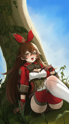 Rule 34 | 1girl, :p, against tree, amber (genshin impact), arm support, bad id, bad pixiv id, blue sky, blush, breasts, brown hair, cleavage, commentary request, day, genshin impact, gloves, goggles, grass, hair ribbon, half-closed eyes, crossed legs, long hair, open mouth, outdoors, p-gnesium, revision, ribbon, short shorts, shorts, sitting, sky, solo, sweat, tongue, tongue out, tree, yellow eyes
