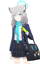 Rule 34 | 1girl, absurdres, aimpoleume, bag, bag charm, blazer, blue archive, blue eyes, blue scarf, charm (object), commentary request, gloves, grey hair, hair between eyes, hair ornament, halo, highres, id card, jacket, long sleeves, looking at viewer, mismatched pupils, necktie, plaid, plaid skirt, pleated skirt, scarf, school bag, school uniform, shiroko (blue archive), short hair, sidelocks, simple background, single glove, skirt, solo, white background
