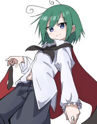 Rule 34 | 1girl, antennae, black pants, blue eyes, cape, closed mouth, green hair, juliet sleeves, long sleeves, navel, pants, puffy sleeves, red cape, shinmon akika, shirt, short hair, simple background, solo, touhou, white background, white shirt, wriggle nightbug