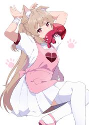 Rule 34 | 1girl, absurdres, animal ears, apron, arms up, bandaged wrist, bandages, cat ears, center frills, collared dress, commentary request, dress, frills, heart, heart print, highres, honezu, light brown hair, long hair, looking at viewer, mouth hold, natori sana, pink apron, pink footwear, pocket, puffy short sleeves, puffy sleeves, red eyes, sana channel, short sleeves, shrimp, simple background, sitting, slippers, solo, thighhighs, two side up, very long hair, virtual youtuber, white background, white dress, white thighhighs