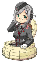Rule 34 | 1girl, belt, black neckwear, blush, breasts, collared shirt, cross, folded ponytail, garrison cap, glasses, gloves, green eyes, grey hair, grey headwear, grey jacket, grey shirt, hand on headphones, hat, headphones, iron cross, jacket, kantai collection, katori (kancolle), long sleeves, looking at viewer, military, military uniform, necktie, parted hair, shirt, tank cupola, throat microphone, uniform, uona telepin, white background, white gloves