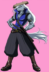 Rule 34 | 10s, 1boy, adapted costume, bad id, bad pixiv id, blue eyes, boots, dominia, full body, furry, furry male, hands on own hips, hat, long hair, male focus, pants, pink background, precure, shirt, sleeveless, sleeveless shirt, smile precure!, solo, tail, werewolf, white hair, wolf tail, wolfrun