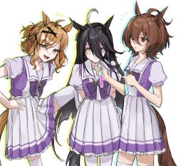 Rule 34 | +++, 3girls, agnes tachyon (umamusume), ahoge, animal ears, arms behind back, black hair, bow, bowtie, breasts, brown hair, closed mouth, drop shadow, feet out of frame, gul (parfaitgul), hair ornament, hand on own hip, highres, holding, holding test tube, horse ears, horse girl, horse tail, jam (umamusume), jungle pocket (umamusume), leg up, long hair, looking at another, looking at viewer, manhattan cafe (umamusume), multiple girls, notched ear, open mouth, purple shirt, red eyes, sailor collar, school uniform, shirt, short hair, short sleeves, simple background, skirt, small breasts, smile, standing, sweatdrop, tail, test tube, thighhighs, tracen school uniform, umamusume, white background, white skirt, white thighhighs, yellow eyes