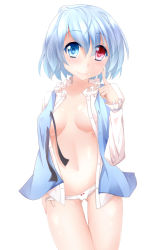 Rule 34 | 1girl, absurdres, blue eyes, blue hair, blush, breasts, female focus, finger to face, heart, heart-shaped pupils, heterochromia, highres, hiro (pqtks113), long sleeves, matching hair/eyes, navel, no bra, no pants, open clothes, panties, red eyes, short hair, simple background, smile, solo, symbol-shaped pupils, tatara kogasa, touhou, underwear, white background, white panties