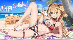 Rule 34 | 1girl, :q, absurdres, akai haato, armpit crease, bare arms, bare legs, bare shoulders, barefoot, beach, bikini, blonde hair, blue eyes, blue sky, blush, bow, breasts, choker, cloud, collarbone, commentary request, crab, cream on body, day, food, gluteal fold, hair between eyes, hair bow, hair ornament, hairclip, heart, heart necklace, highleg, highleg bikini, highleg swimsuit, highres, holding, holding food, hololive, jewelry, legs, licking lips, long hair, looking at viewer, lying, midriff, nail polish, navel, necklace, ocean, on side, outdoors, palm tree, pastry bag, sand, shinomu (cinomoon), simple background, sky, smile, solo, spread legs, swimsuit, thigh strap, tongue, tongue out, tree, two side up, virtual youtuber