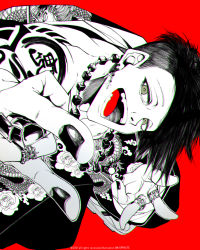 Rule 34 | 1boy, arm tattoo, artist name, bare shoulders, cloud print, dated, dragon print, earrings, floral print, foreshortening, geta, grin, highres, inkspirate, jewelry, looking at viewer, male focus, monochrome, mullet, necklace, open mouth, original, red background, ring, robe, shoulder tattoo, simple background, smile, solo, tabi, tattoo, undercut, watermark