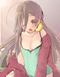 Rule 34 | 10s, 1girl, alternate costume, blush, breasts, brown eyes, brown hair, camisole, casual, cleavage, drooling, hair down, kantai collection, kiyoshimo (kancolle), long hair, off shoulder, on bed, one eye closed, sakofu, solo, sweater, twitter username, yawning