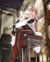 Rule 34 | 1girl, alternate costume, anklet, bangle, black dress, black footwear, black thighhighs, bonsai, bracelet, breasts, china dress, chinese clothes, commentary request, cross-laced clothes, cross-laced dress, dress, earrings, feather boa, girls&#039; frontline, high heels, indoors, jewelry, lace, lace-trimmed thighhighs, large breasts, leaning forward, light censor, long hair, looking at viewer, looking down, official art, patent heels, persica (girls&#039; frontline), pink eyes, pink hair, pumps, red soles, shoes, solo, standing, standing on one leg, stiletto heels, thighhighs, third-party source