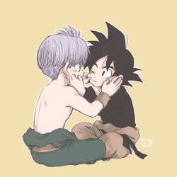 Rule 34 | 2boys, ayata 1010, black eyes, black hair, black shirt, cheek pinching, chinese clothes, commentary, commentary request, crossed legs, dougi, dragon ball, dragonball z, friends, hands on another&#039;s face, happy, highres, long sleeves, looking at another, male focus, multiple boys, on floor, one eye closed, pinching, purple hair, shirt, short hair, simple background, sitting, smile, son goten, spiked hair, topless male, trunks (dragon ball)