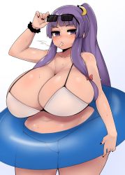 Rule 34 | 1girl, blush, breasts, cigarette, cleavage, cookie (touhou), hair ornament, hair ribbon, highres, huge breasts, innertube, long hair, looking at viewer, navel, oozon (ozon), patchouli knowledge, plump, ponytail, purple eyes, purple hair, ribbon, scrunchie, smoking, solo, standing, sunglasses, sweat, swim ring, swimsuit, tagme, taisa (cookie), thick thighs, thighs, touhou, wide hips, wrist scrunchie