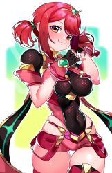 Rule 34 | 1girl, alternate hairstyle, breasts, gloves, highres, large breasts, pyra (xenoblade), red eyes, red hair, short hair, short twintails, shorts, skindentation, solo, twintails, twintails day, xenoblade chronicles (series), xenoblade chronicles 2, yagi (kyuhyun)